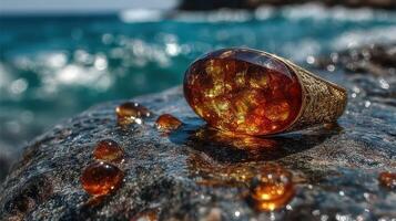 Beautiful amber ring on a rocky shore with ocean waves in the background highlighting its natural brilliance and craftsmanship photo