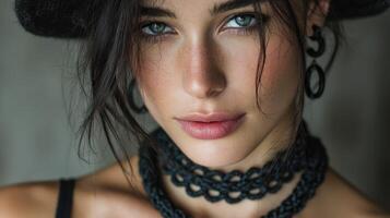 Model showcases striking features and style in close-up portrait with intricate accessories and soft lighting at indoor location photo