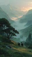 Majestic horses wander through a misty valley at sunrise with mountains in the background photo