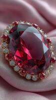 Stunning red gemstone brooch on satin fabric showcasing intricate detailing and luxurious design photo
