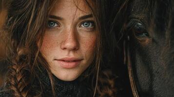 Young woman with freckles and braided hair poses next to a horse in a warm autumn setting photo
