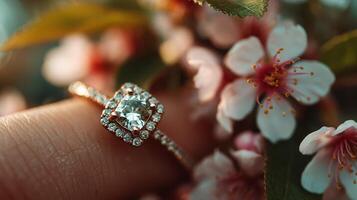 Close-up of elegant ring adorned with sparkling gems nestled among delicate blooming flowers in natural light photo