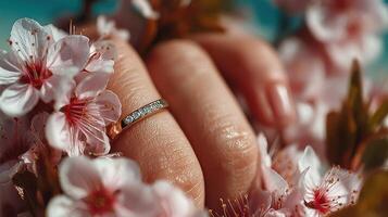 Close up of a hand wearing a ring surrounded by delicate cherry blossoms in bright natural light photo
