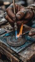Crafting intricate metalwork with precision in a workshop during daytime hours photo