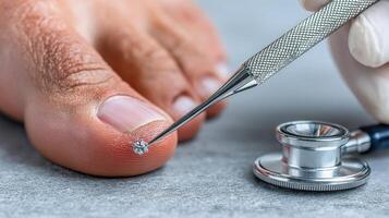 Podiatrist examining toenail condition with precision tool and stethoscope in a clinical setting photo