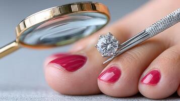 Expert examining a diamond ring with a magnifying glass while showcasing perfectly manicured nails photo