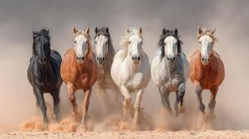 Horses galloping across a sandy landscape during sunset in a display of natural beauty and freedom photo