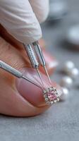 Precision craft in jewelry making with diamond and pink stone details at a workbench during daylight photo