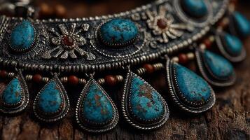 Intricately designed silver necklace with turquoise stones displayed on a rustic wooden surface photo