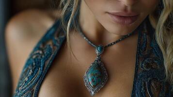 Close-up view of a woman wearing a stunning turquoise necklace in an elegant setting photo