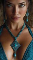 Woman wearing turquoise jewelry displays confidence and beauty in a close-up portrait captured in a soft natural light setting photo