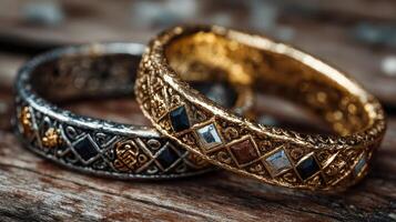 Exquisite gold and silver rings with intricate designs resting on a wooden surface photo