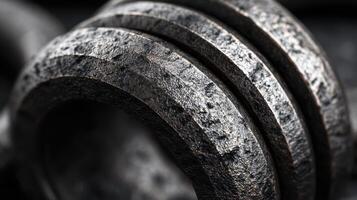 Heavy metal weights arranged in close-up view showing texture and details in a gym setting photo