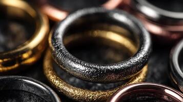 Unique collection of metal rings showcasing diverse textures and finishes, captured in a close-up view during a jewelry showcase photo