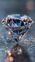 Sparkling diamond resting on a reflective surface with brilliant facets and colorful light reflections photo