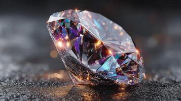 Sparking jewel rests on a dark surface, showcasing its brilliant facets and captivating reflections photo