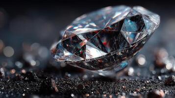 Sparkling diamond resting on a dark surface with reflections and glimmers in soft light photo