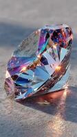 Sparkling crystal gem reflecting light in vibrant colors on smooth surface during daylight photo
