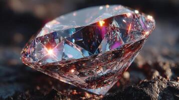 Sparkling diamond on a textured surface capturing light reflections and vivid colors in natural daylight photo