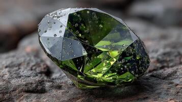 Sparkling green gemstone resting on a textured dark rock surface, showcasing intricate facets and natural imperfections photo