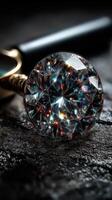 Intricate diamond gem reflects light with deep colors on textured surface near magnifying tool photo