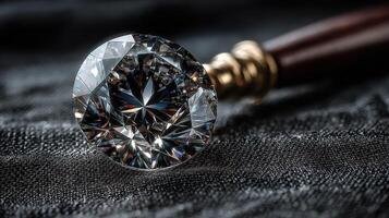 Sparkling diamond resting on a dark fabric with a wooden tool nearby showcasing its brilliance and craftsmanship photo