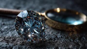 Sparkling blue diamond displayed with magnifying glass on textured surface in a well-lit setting photo