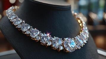 Elegant diamond necklace displayed in a jewelry store during afternoon light photo