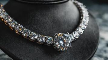 Stunning diamond necklace displayed on elegant black velvet stand, showcasing craftsmanship and luxury for jewelry enthusiasts photo