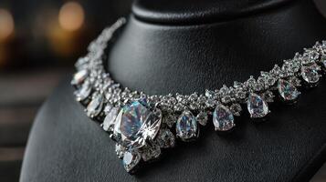 Close-up view of a sparkling diamond necklace showcasing intricate details and brilliance set against a dark background photo