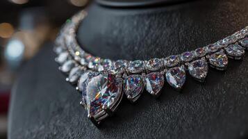Elegant diamond necklace displayed under soft lighting in a jewelry store during an evening shopping event photo