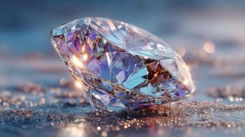 Sparkling diamond rests elegantly on a soft surface, showcasing its brilliance and incredible reflections of light in a serene setting photo