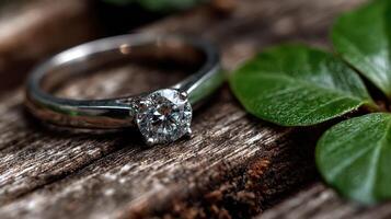 Close-up view of a sparkling engagement ring resting on a rustic wooden surface surrounded by lush green leaves in natural light photo