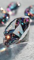 Brilliantly cut gemstone sparkles under light, showcasing vibrant colors and intricate faceting while resting on a textured surface photo