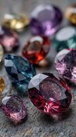 Colorful gemstones placed on a textured surface showcasing their brilliant hues and unique cuts during natural light photo