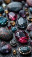 Colorful collection of gemstones arranged artfully on a textured surface with intricate details photo