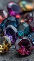 Colorful gemstones shimmering in natural light with intricate cut reflecting vibrant hues photo