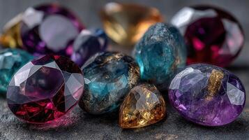 Colorful collection of precious gemstones on dark surface showcasing their intricate facets and vibrant hues in natural light photo