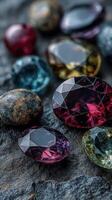 Vivid collection of colorful gemstones displayed on textured surface under natural light in a serene setting photo
