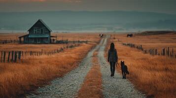 Woman walks with dog along a gravel road leading to an old farmhouse at sunset in a calm rural landscape photo