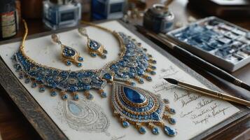 Intricate blue gemstone jewelry design displayed on a drafting table with tools and materials nearby photo