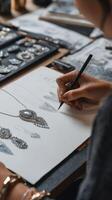 Detailed jewelry design process in a creative workspace during afternoon hours photo