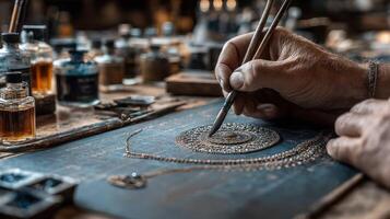 Artisan crafts intricate jewelry design in workshop filled with tools and materials during afternoon hours photo