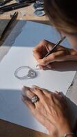 Jewelry designer sketching an intricate ring design in bright sunlight photo