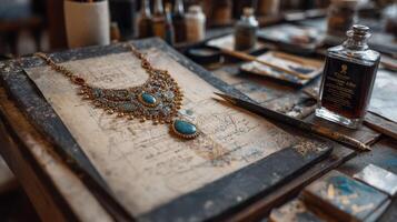 Elegant artisan jewelry design with intricate necklace on a workbench in a creative workshop setting photo