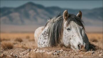 Grey horse resting on the ground under a clear sky in a serene mountain landscape during daytime photo