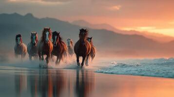 Majestic horses galloping along the shoreline at sunset, capturing beauty and power in motion photo