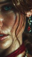 Close-up portrait of a woman with radiant skin and intricate jewelry highlighting her features in a dramatic lighting setting photo