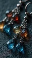 Colorful gemstone earrings showcasing intricate craftsmanship in a detailed close-up, perfect for fashion enthusiasts photo