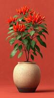 Vibrant red flower plant in a textured ceramic pot against a warm-colored background photo